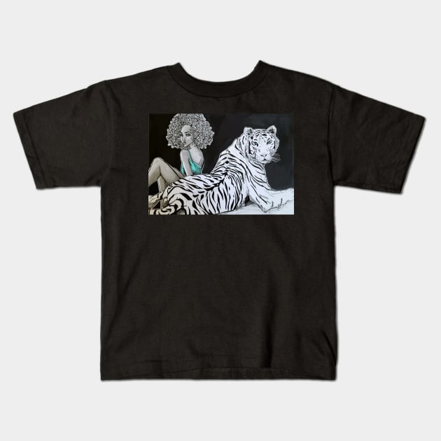 Beautiful and Strong Tiger Lady Kids T-Shirt by Del Fava Bean